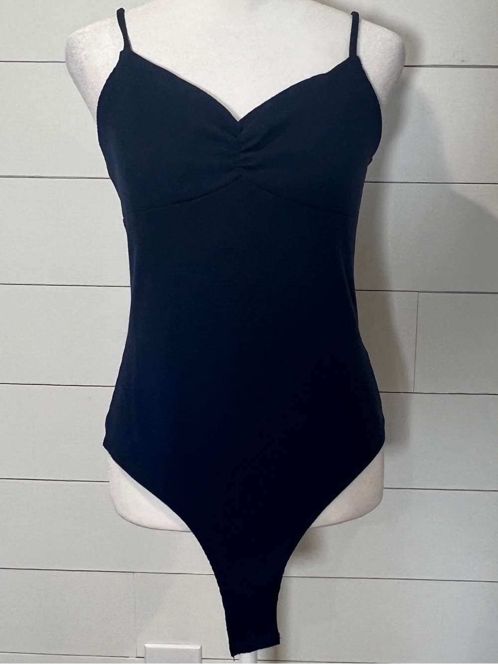 Gianni Bini Navy Ribbed Spaghetti-Strap One-Piece Bodysuit
